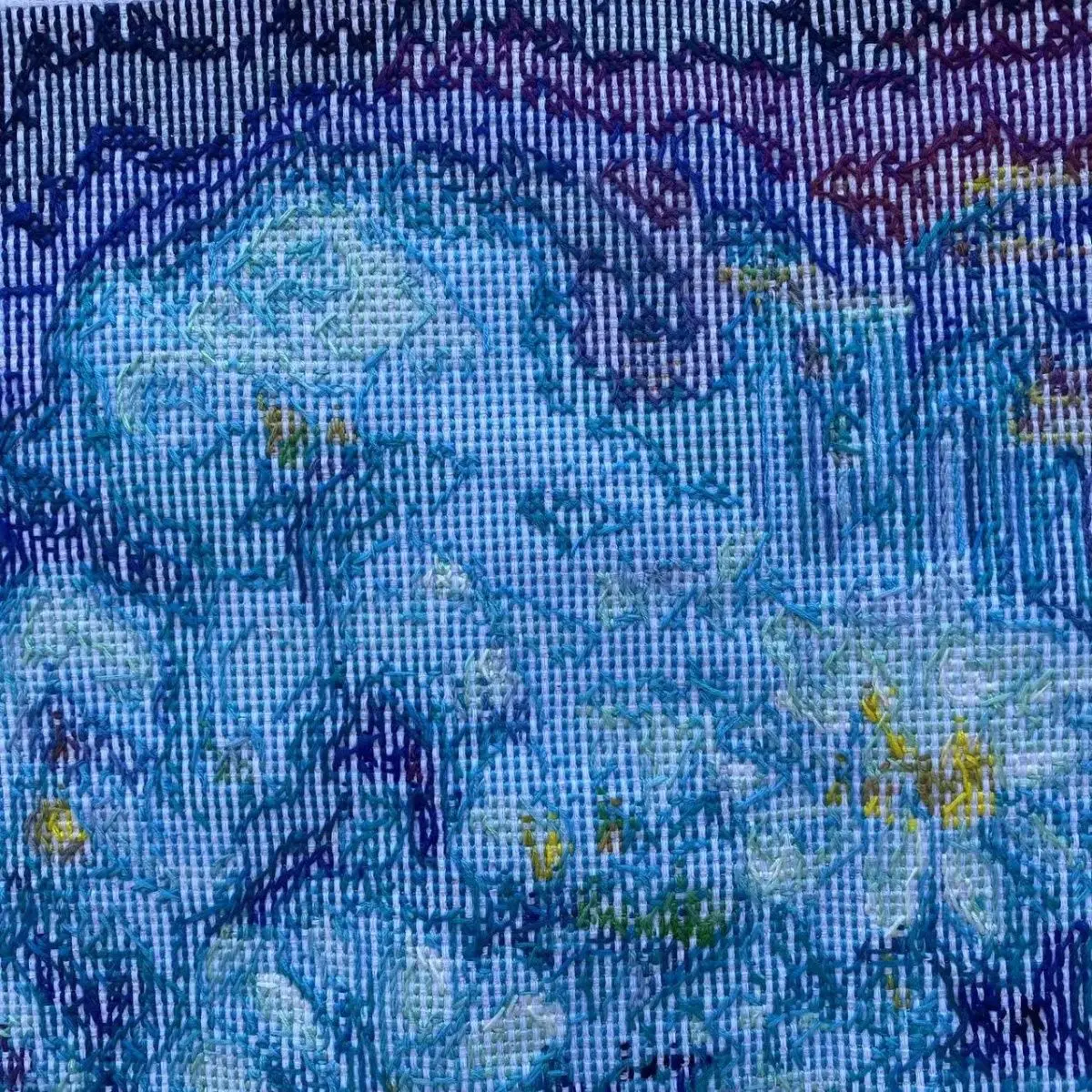 Pure handmade cross stitch finished product. Artificially embroidered picture of orchids and blue flowers. 86 * 57 full