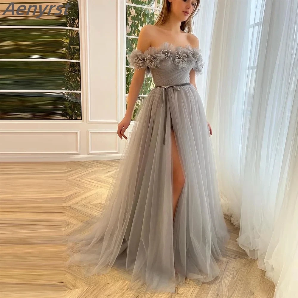 

Evening Gowns Off the Shoulder Flowers Cocktail Prom Dresses Belt Side Slit A-line Wedding Party Dress Women فساتين مناسبة رسمية