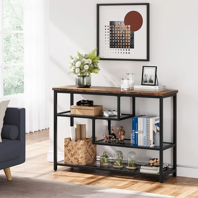 Table console étroite à 4 niveaux pour gagner de la place - Étagères de rangement en verre, structure métallique, table d'appoint pour canapé, entrée, salon, hall d'entrée 1