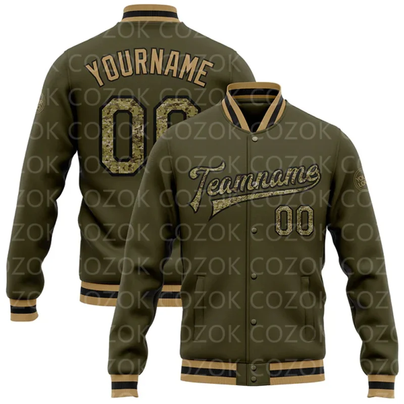 Custom Brownish green 3D Printed Baseball Button Jacket Bomber Full-Snap Varsity Letterman Jacket