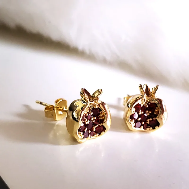 

POMEGRANATE STUD EARRINGS Pomegranate Jewelry Golden Ruby Fruit Earrings for Women Israeli Jewish Mitzvah Gift Garnet Coloured