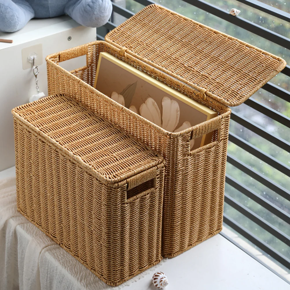 Wicker Storage Baskets Lids Rectangular Woven Shelf Baskets Rattan Storage Bins Laundry Hamper Magazine Basket Narrow