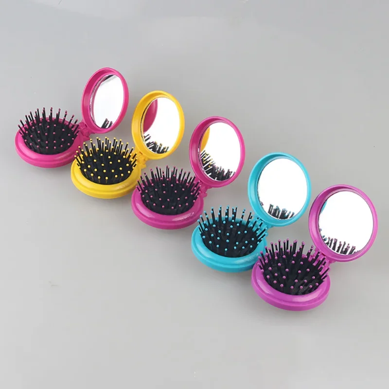 Folding Round Pocket Comb with Mirror Mini Travel Airbag Detangling Hair Brush Portable Massage Combs Girls Hair Styling Tools 2pcs detangling hair brush wooden handle combs with stainless steel wire bristle