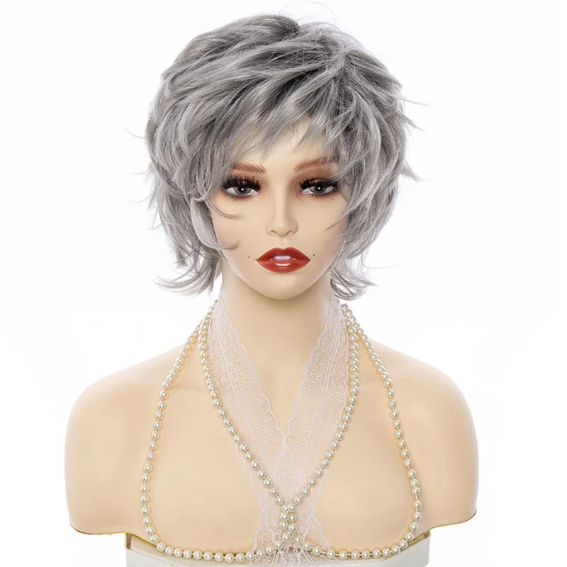 여성용 비스듬한 앞머리, 푹신하고 뒤집힌 가발, 그라데이션 회색 가발
