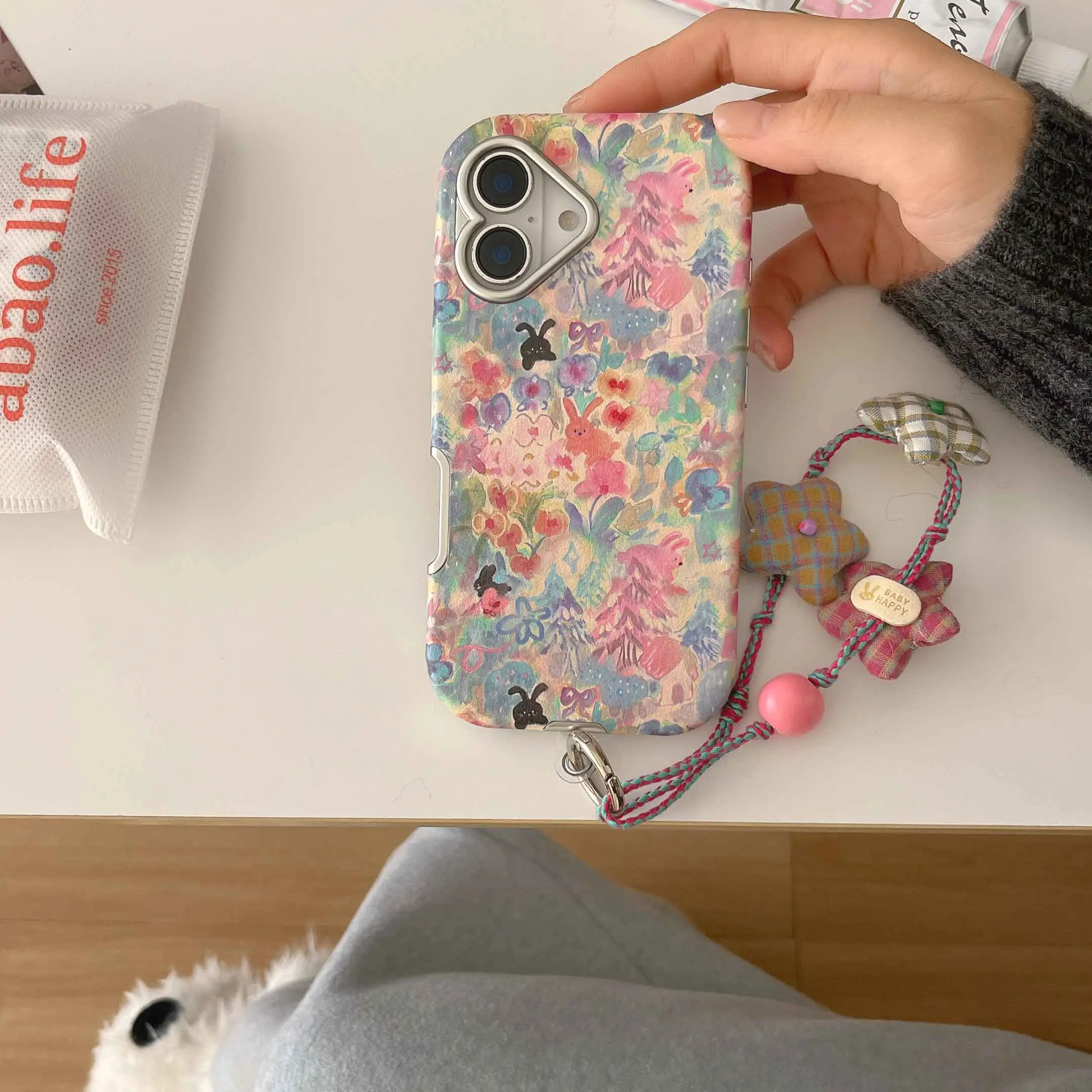 Vibrant Floral Leather Phone Case with 3D Star Cloth Design and Rope Strap