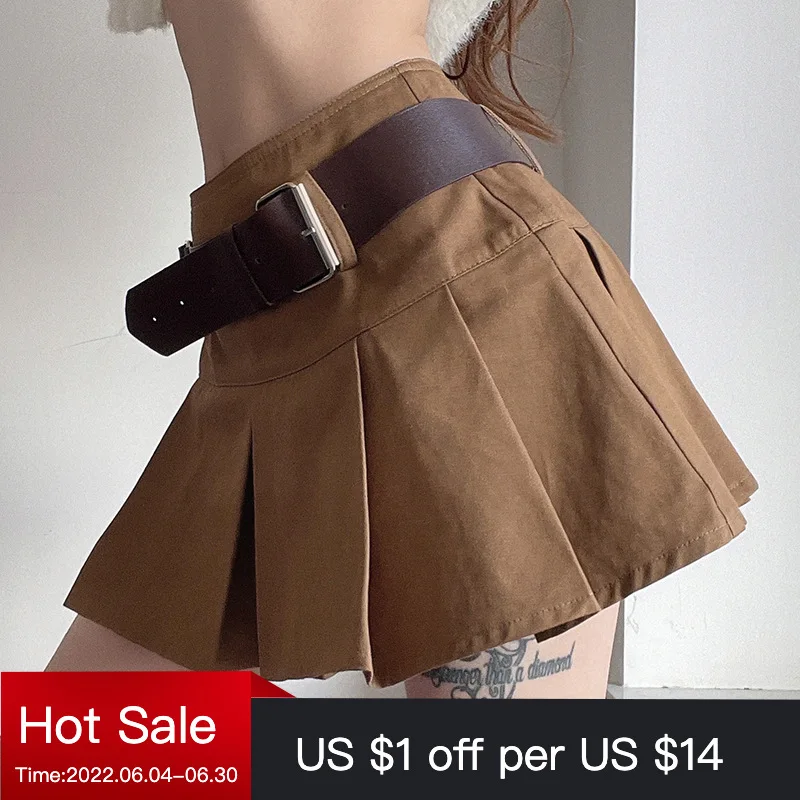 Gothic Short Skirt Retro Pleated Khaki Skirts With Underneath Short