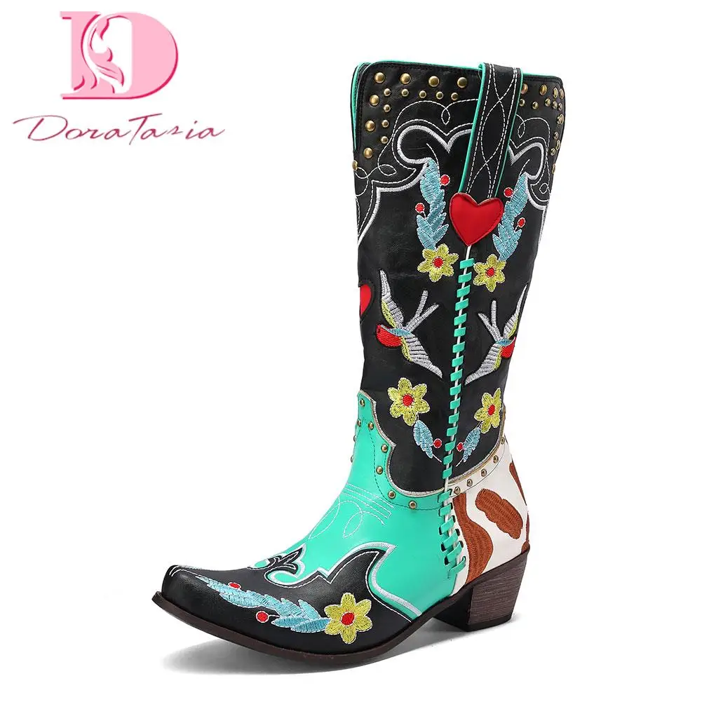 DoraTasia Fashion Boots Women 2022 Square High Heels Low Embroider Mid-calf Boots Female Pointed-toe Mix Colors Shoes Lady Boots