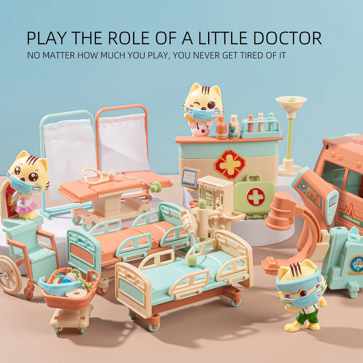 Cat Dolls Doctor Pet Pretend Play Toys, Figures Playset Toy, Hospital and Ambulance Toy with Lights and Sound, Educational Toys