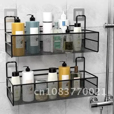 

Wall-mounted Black Bathroom Shelf Shower Shampoo Rack Toilet Accessories Kitchen Free Punch Condiment Storage Basket