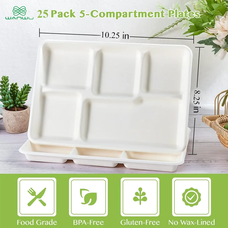 5 grid plates,25 disposable paper plates, heavy duty biodegradable sugarcane trays, eco-friendly school lunch trays