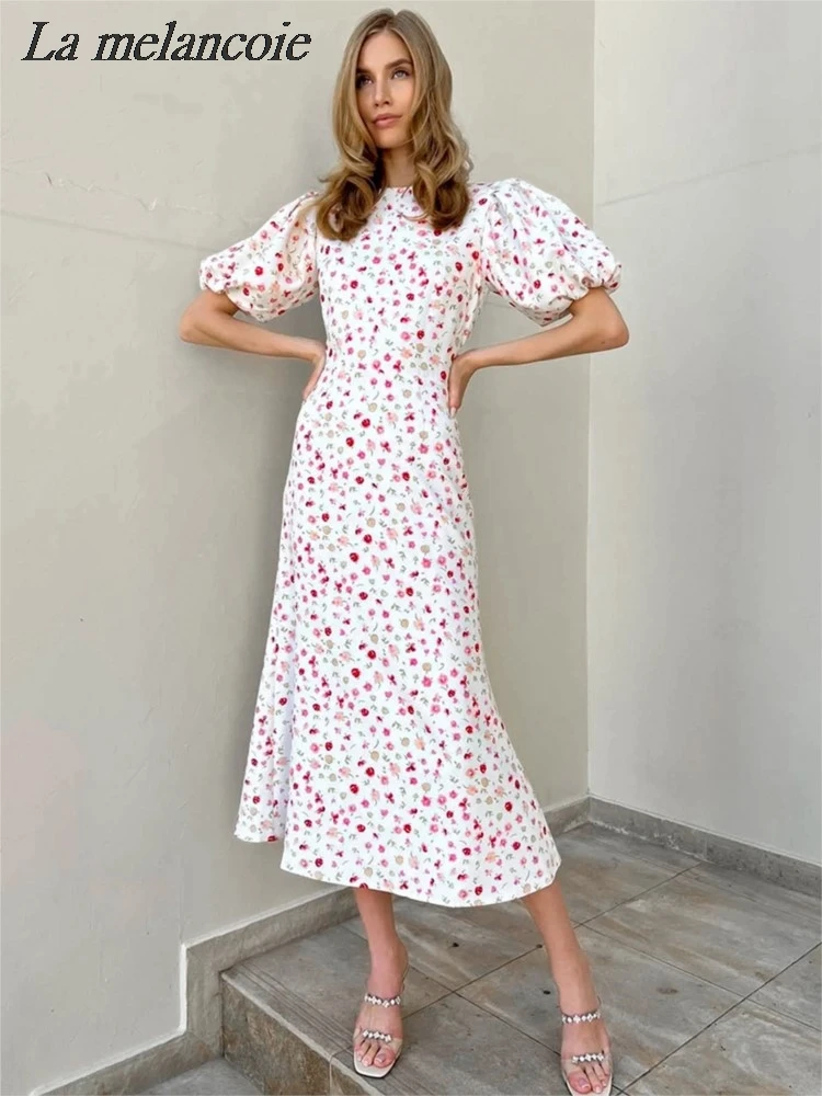 

Floral Printed Fishtail Dress For Women Summer 2024 New Fashion O-neck Bubble Sleeve Slim Long Dresses Elegant Chic Midi Dress