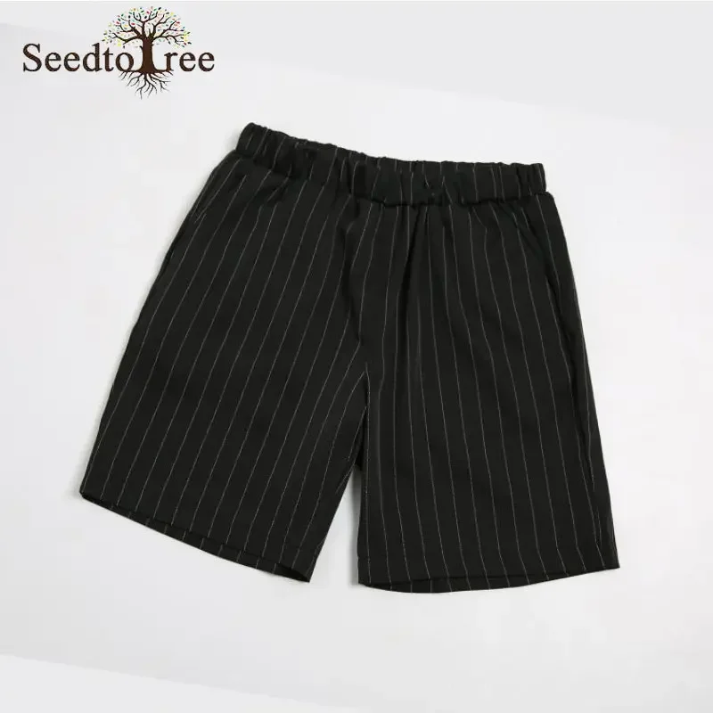 Summer Stripe Casual  Men's Set Turndown Collar Short Sleeved T-shirt Elastic Waist Shorts Two Piece Suit