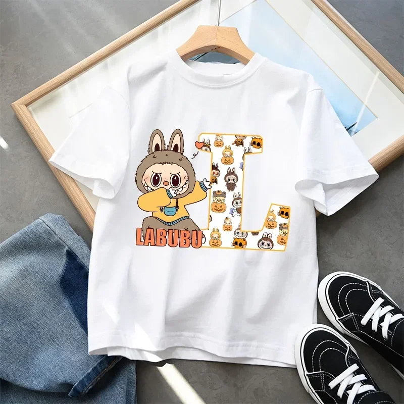 POP MART Labubu Kids Short Sleeve T-shirt Cartoon Anime 26 Letter Print Pullover Boys Girls Summer Casual Tops Loose Clothing 6