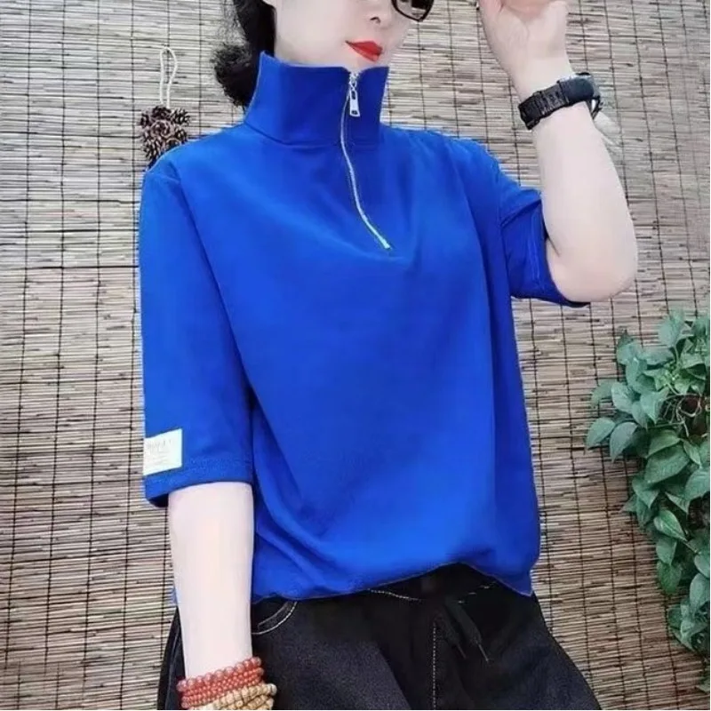여성용 단색 스탠드 칼라 올 매치 루즈 코튼 패션 지퍼 접합 반팔 티셔츠, 캐주얼 상의, 여름 신상