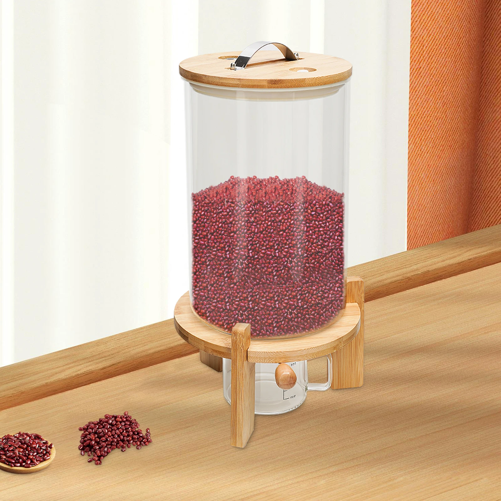 Creative Glass Food Storage Flour and Cereal Container 7.5L Rice Dispenser Airtight with Lid and Wooden Stand