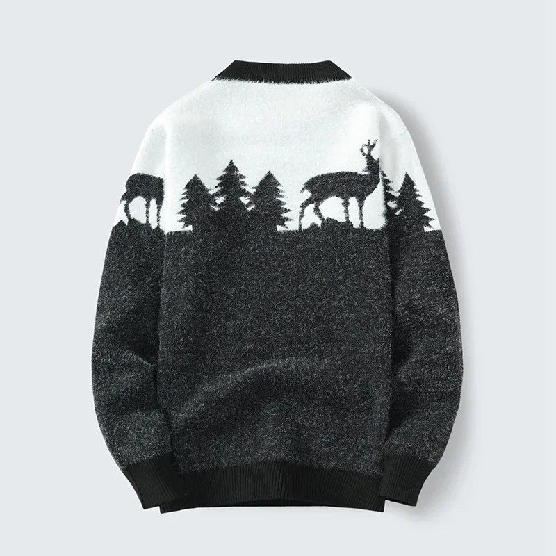 Autumn and Winter Fawn Pattern Casual Sweater Men's Long Sleeve Round Neck Knitted Pullover