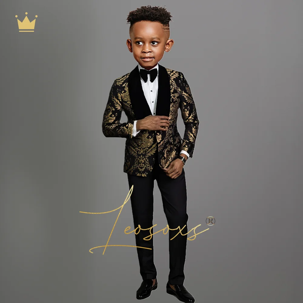 Boys' gold pattern suit dress set 2 pieces (black velvet shawl collar + black trousers) wedding birthday tuxedo