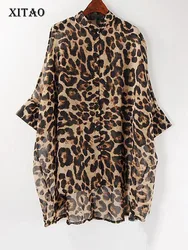 XITAO Trend Leopard Chiffon Shirt Loose Irregular Bat Sleeve Thin Women Tops Fashion Spring Summer Blouses XJ4287
