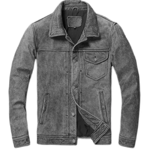 

Мужская винтажная куртка-бомбер из натуральной кожи, темно-серая джинсовая куртка с карманами, верхняя одежда в стиле хип-хоп, Размер 4xl, 2023