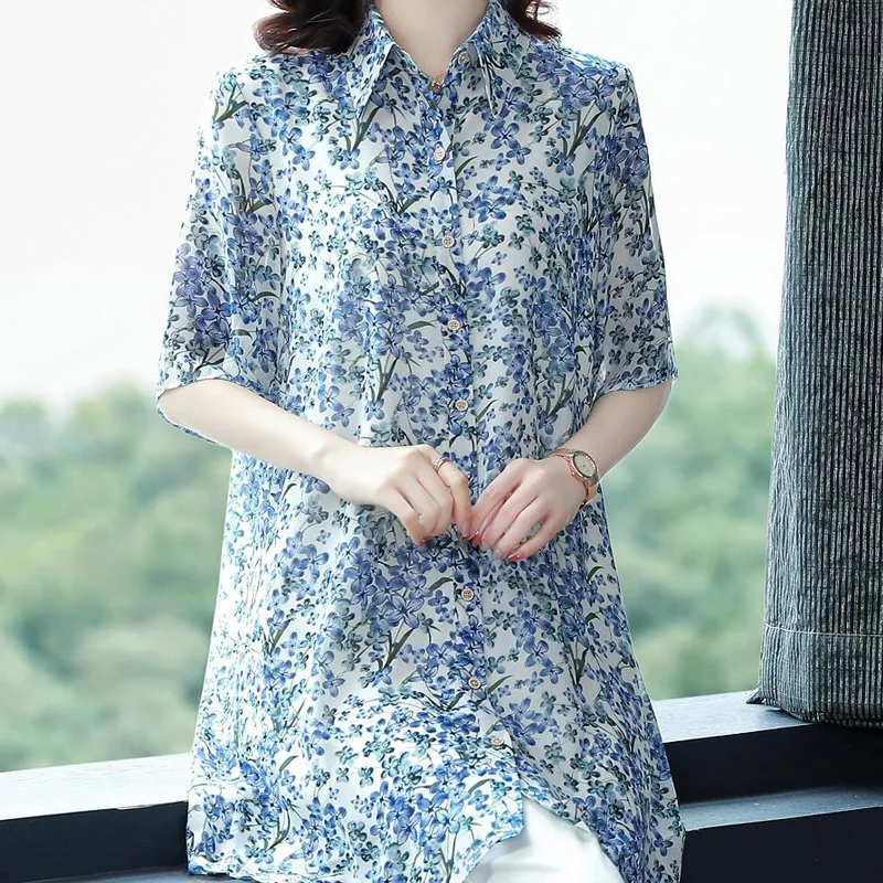 Summer New POLO Collar Fashion Half Sleeve Shirt Women High Street Casual Loose Button Cardigan Elegant Printing Mid-length Tops