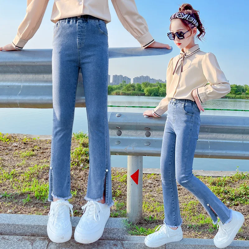 

2022 Spring Jeans For Teenager Girls Denim Material High Waist Split Trousers Flare Pants Children Clothes For Girls 5-16 Years