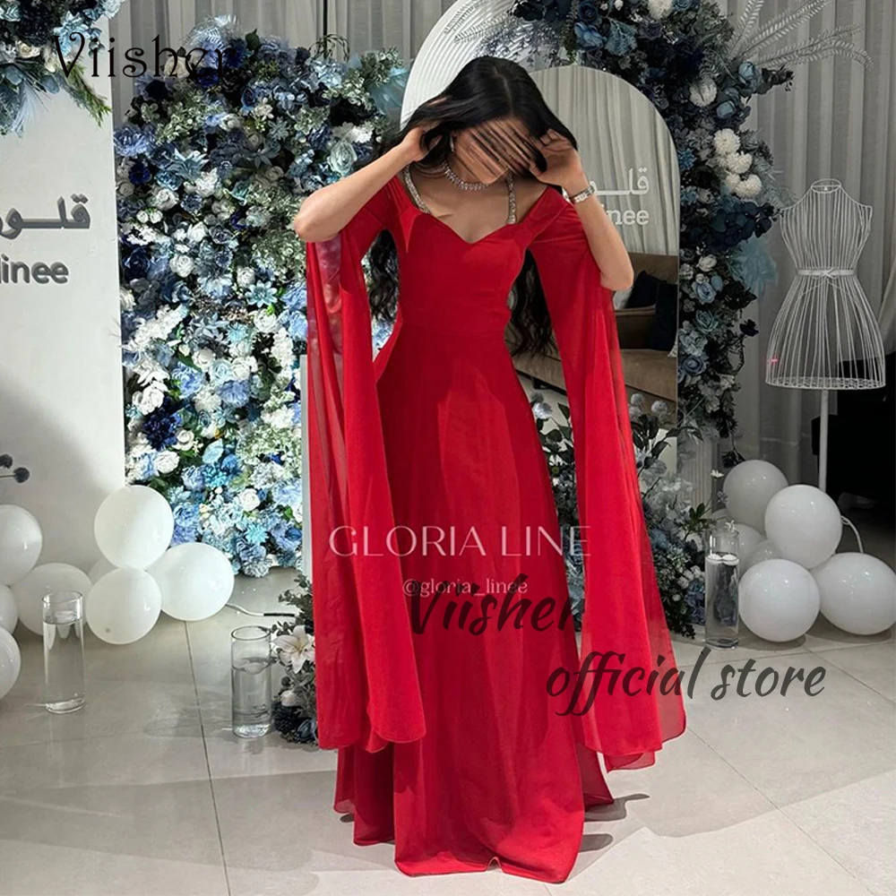 

Viisher Red Mermaid Evening Prom Dresses with Sleeve V Neck Arabian Dubai Wedding Party Dress Floor Length Celebrate Formal Gown