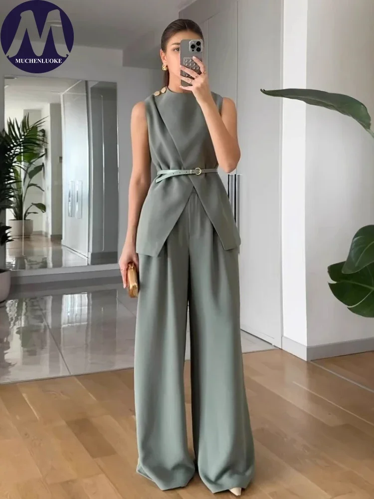 Summer Women Clothing Cross Halterneck Bow Tie Backless Top Wide Leg Casual Trousers Sets Women