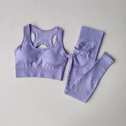 Women's Seamless Fitness Tracksuit - Sports Bra and High Waist Leggings Set - S (Purple)
