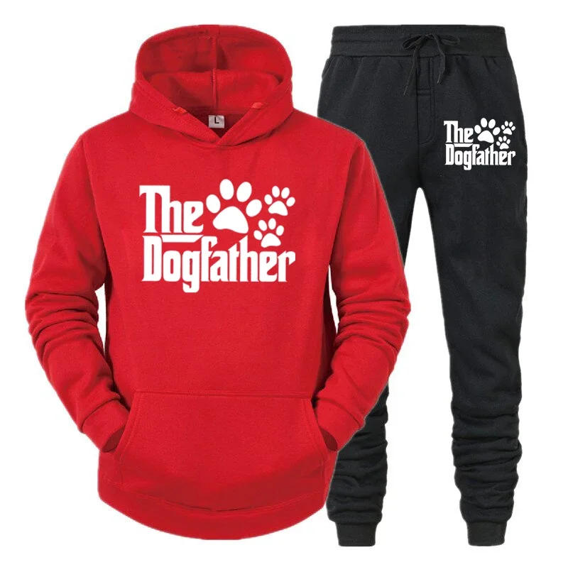 thumbnail image 1 of Sudadera con capucha y pantalón de manga larga con estampado divertido de pata de perro para hombre, conjunto de 2 piezas para amantes de los perros "The Dogfather", 1 of 5