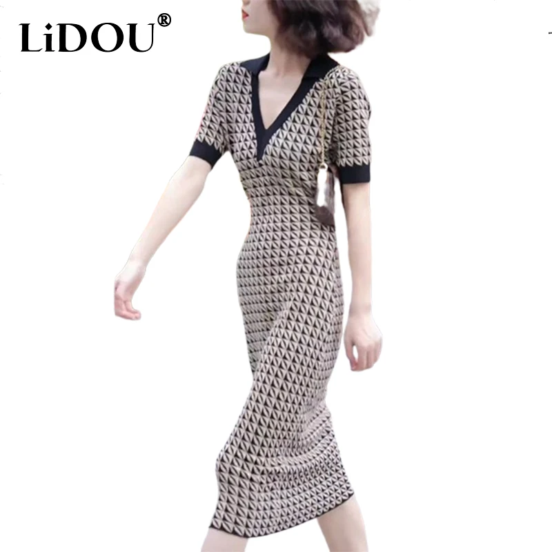 

Summer Fashion Vintage Houndstooth Printing Patchwork Bodycon Robe Femme Short Sleeve Elegant Vestido Women Temperament Dress