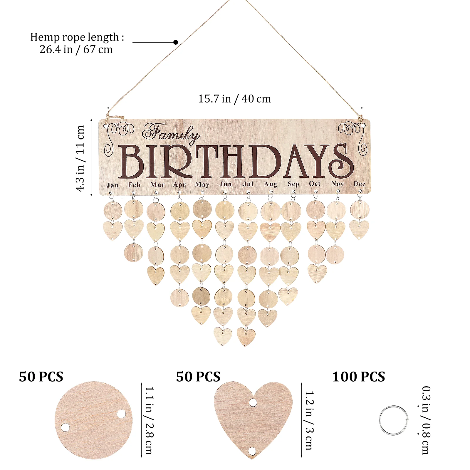 Wooden Birthday Planner Board Heart Round Discs 50 Pcs for DIY Hanging Calendar Reminder Wall Decor Festive Supplies