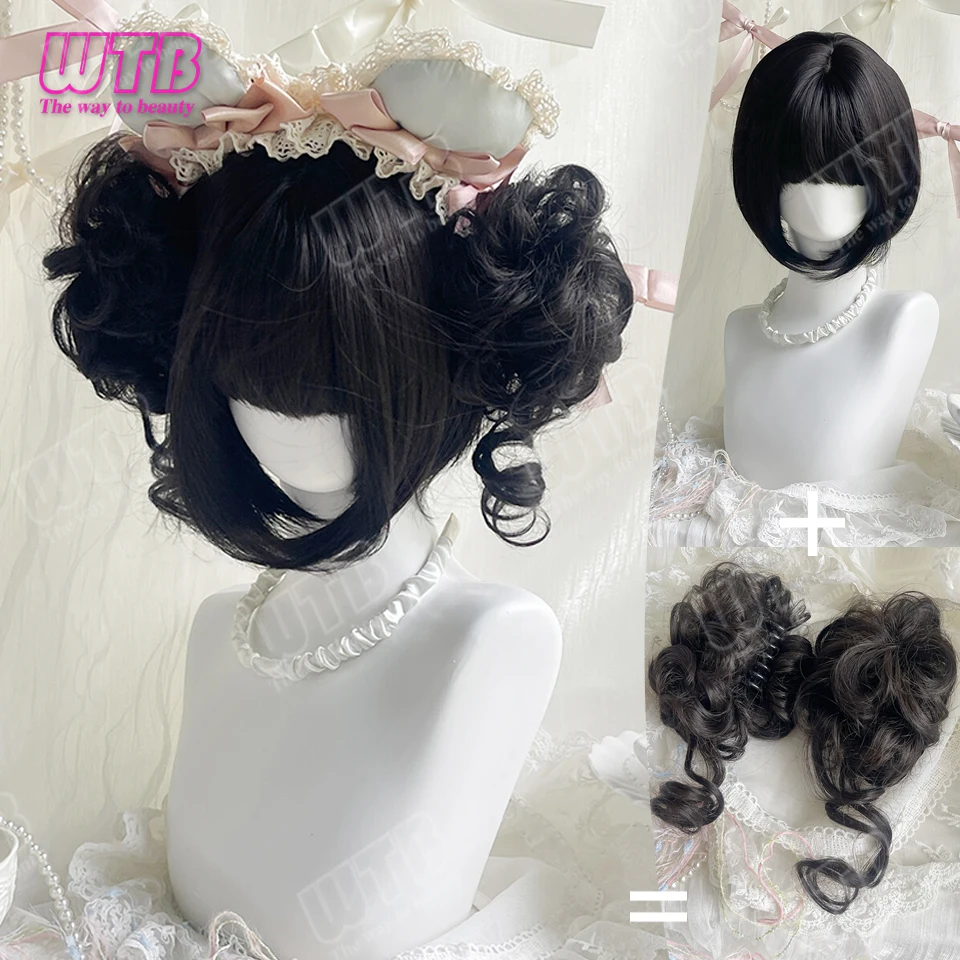Parrucca sintetica Lolita con doppio chignon arricciato, include baffi laterali e frangia dritta, adatta per donne, per uso quotidiano, cosplay e feste. - immagine 5