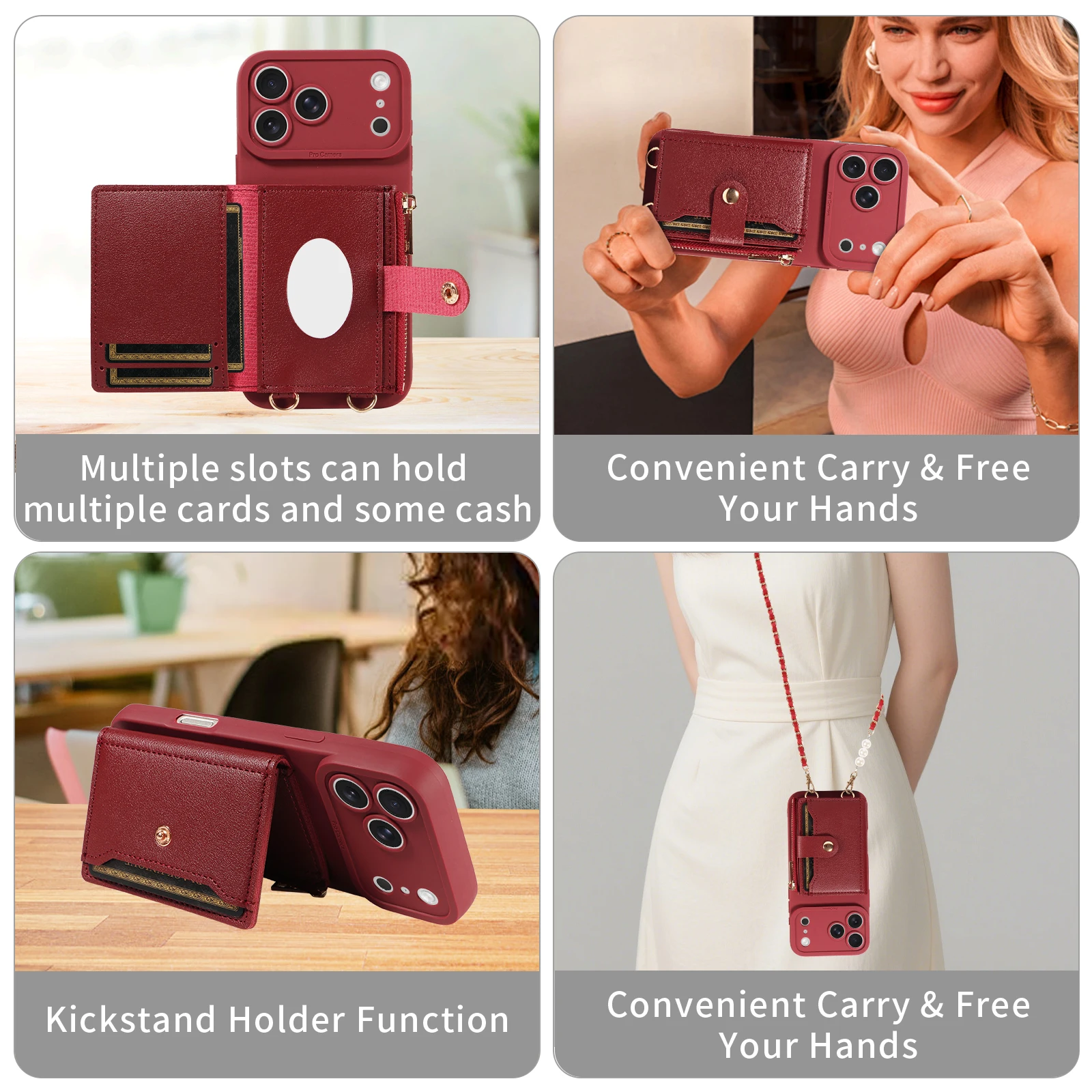 Leather Phone Case with Mirror & Pearl-Studded Strap - Shockproof Cover