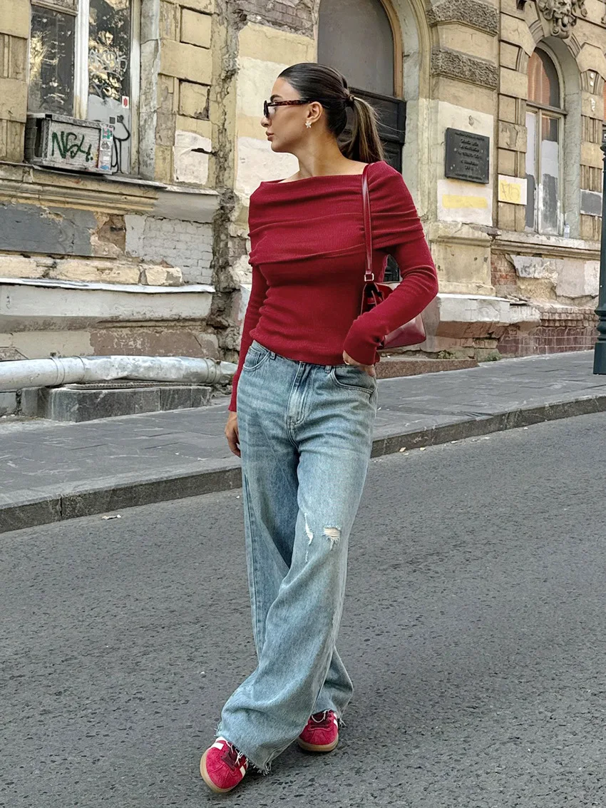 Knit Sweater Pullover Top For Women Fashion Off-Shoulder Slim Casual High Waist Cropped T-shirt Female Knitwear Pullover