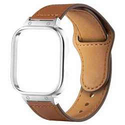 Premium Leather Strap with Metal Case Protector and Watchband Belt for Redmi Watch 4 (Brown-silver case)