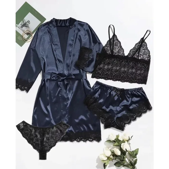 Ensemble pyjama en satin 4 pièces avec robe – Haut de pyjama à bretelles et short avec bordure en dentelle, le pyjama élégant incontournable pour femme