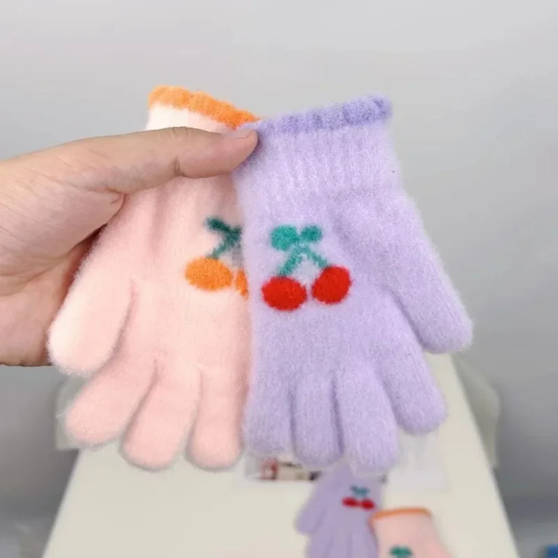 Korean Sweet Cherry Children Kids Warm Gloves Winter Windproof Thicken Boys Girls Kids Cycling Mittens Cute Fashion Baby Gloves