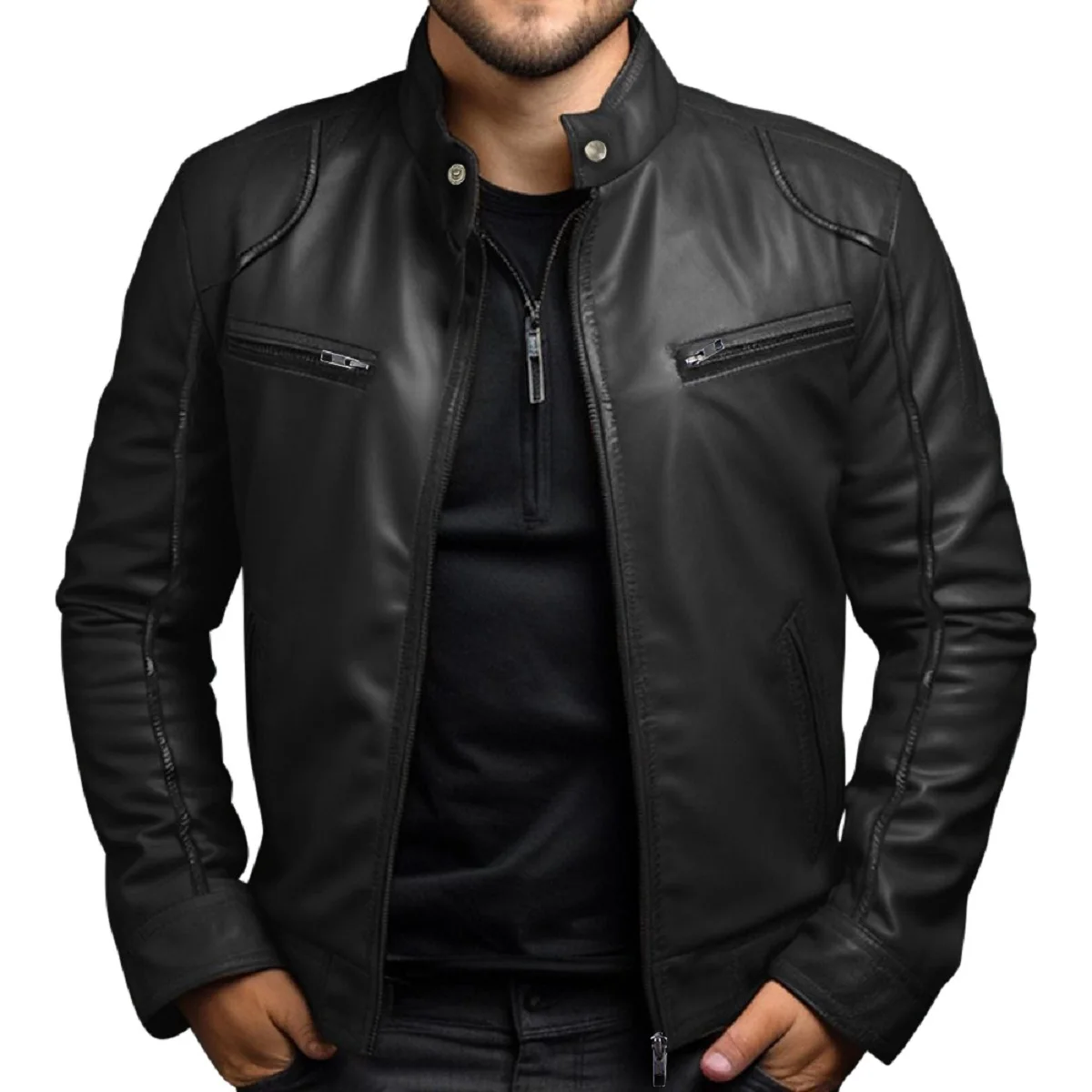 Leather Jackets Men's Biker Stand-up Collar Punk for Winter