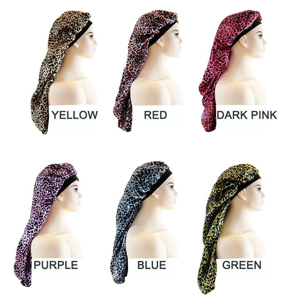 Satin Bonnet Cap Night Sleep Hat Wide Elastic Bands Long Hair Care Wrap For Women Leopard Print 3