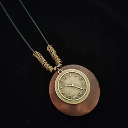 Vintage Wooden Owl Pendant Necklace - Ethnic Long Chain Jewelry (Clock A)