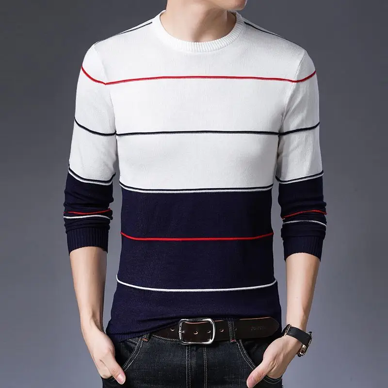 KPOP Fashion Style Harajuku Slim Fit Undershirt Casual All Match Knitwear Insert O Neck Stripe Patchwork Long Sleeve Sweaters