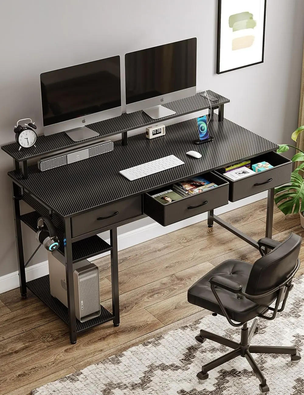 Computer Desk with Power Outlets & LED Light, 47 inch Home Office Desk , Modern Work Desk for Home Office, Carbon Black 2