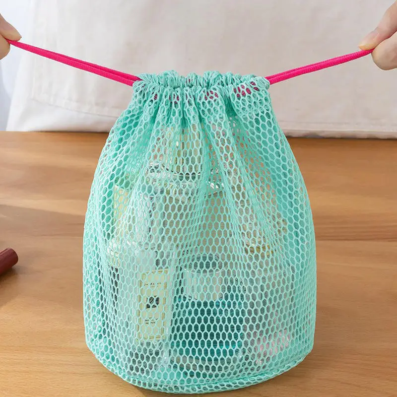 Portable Travel Nylon Mesh Cosmetic Bag Drawstring Drainage Storage Bag for Swimming And Bathing Single Color Pattern