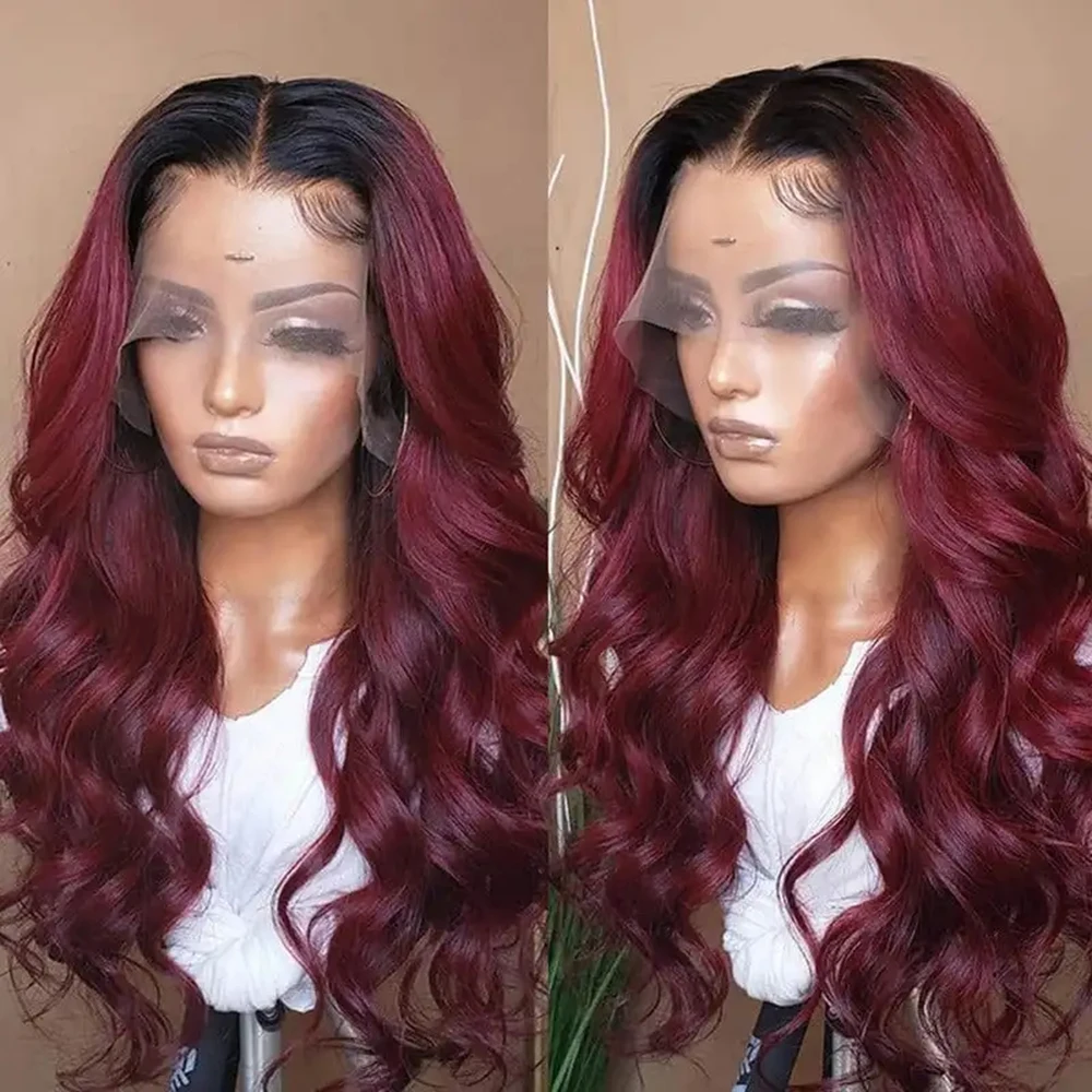 

1B 99J Burgundy Body Wave Lace Front Wig 13x4 HD Transparent Lace Frontal Wig Brazilian Ombre Colored Human Hair Wigs For Women