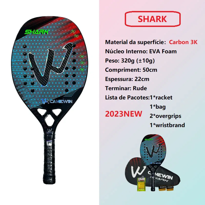 Shark Camewin Beach Tennis 3K Full Carbon Fiber Rude Face Feminino Raquete Beach Tennis Carbon Frame Professional Masculina tennis racket