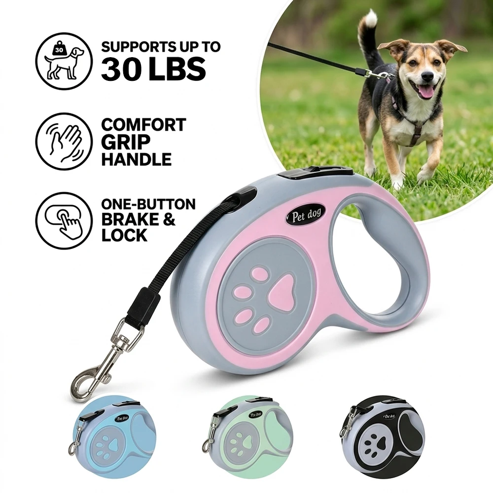 Retractable Pet Leash with One-Button Lock and Non-Slip Handle