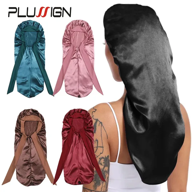 Bonnet de nuit Long en Satin pour femmes noires, couleur unie, Extra Large, avec cravate longue, Bonnet de soins capillaires pour tous les Types de cheveux 1