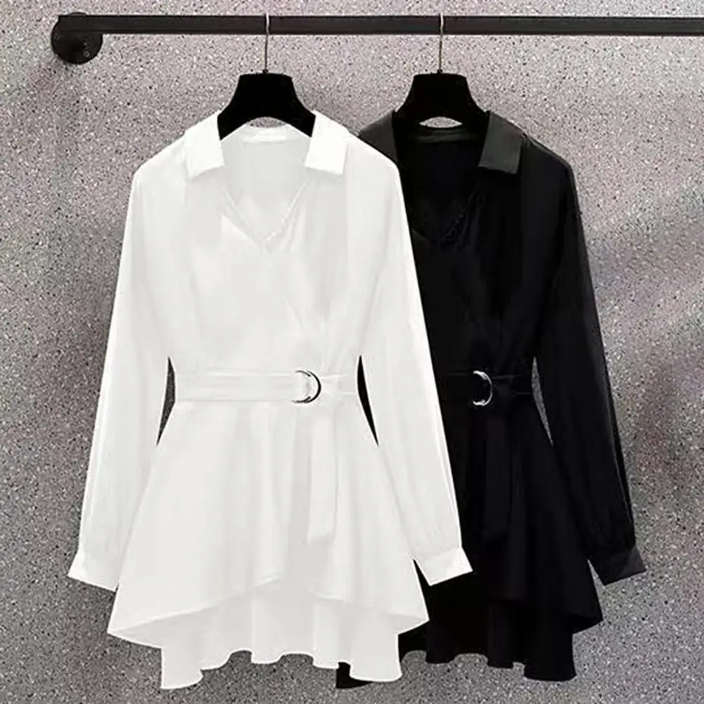 

Pullover Shirt High-Waist Tunic Shirt Irregular Hem Office Lady Waist Tight Adjustable Belt Shirt Blouse Solid Color