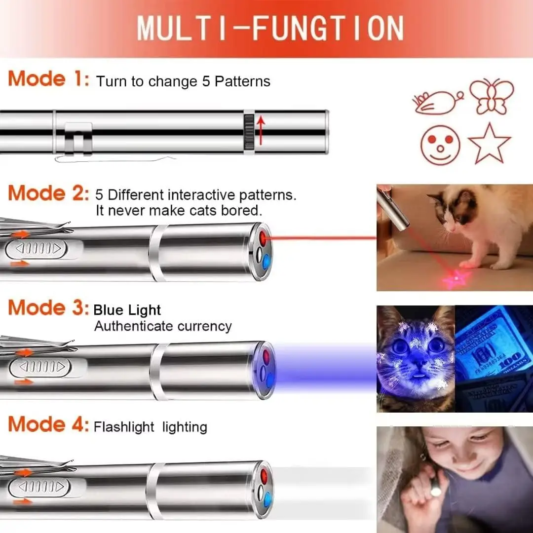 Cat Toys Laser Pointer with 5 Adjustable Patterns USB Recharge Laser Long Range Training Chaser Interactive Toy Dog Pen
