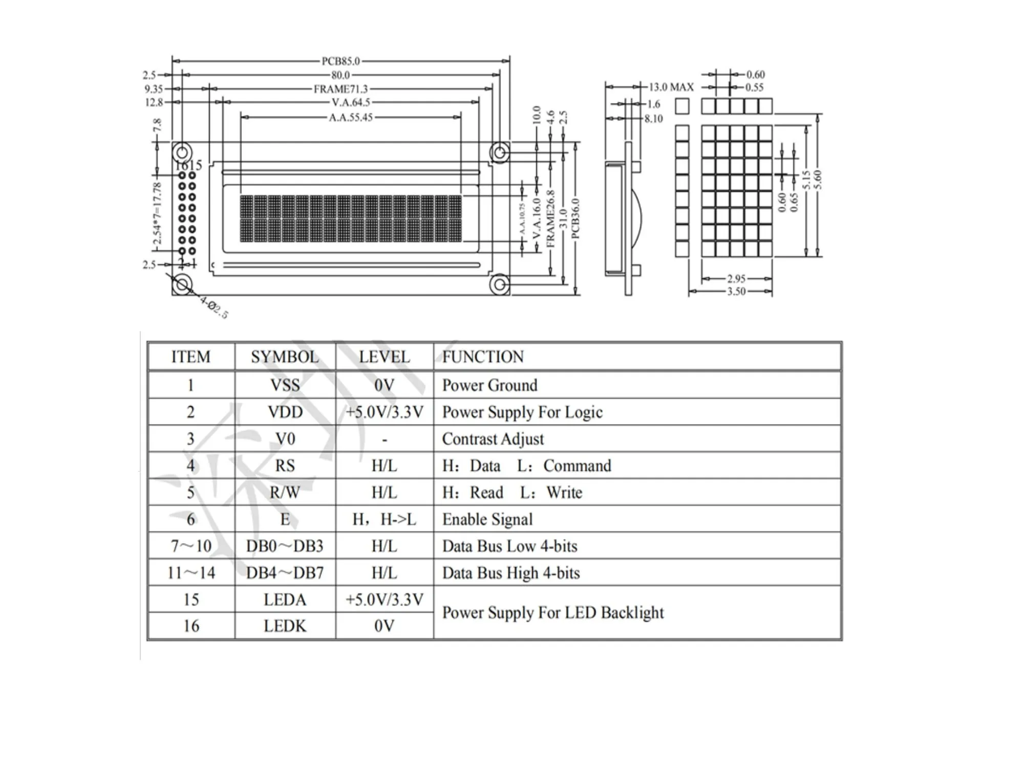 1602 LCD Display Double Row Pins 85*36mm 5v